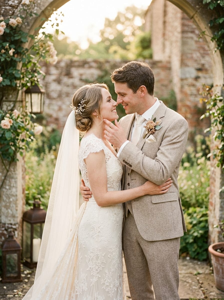 Pareja celebrando su boda en un jardín