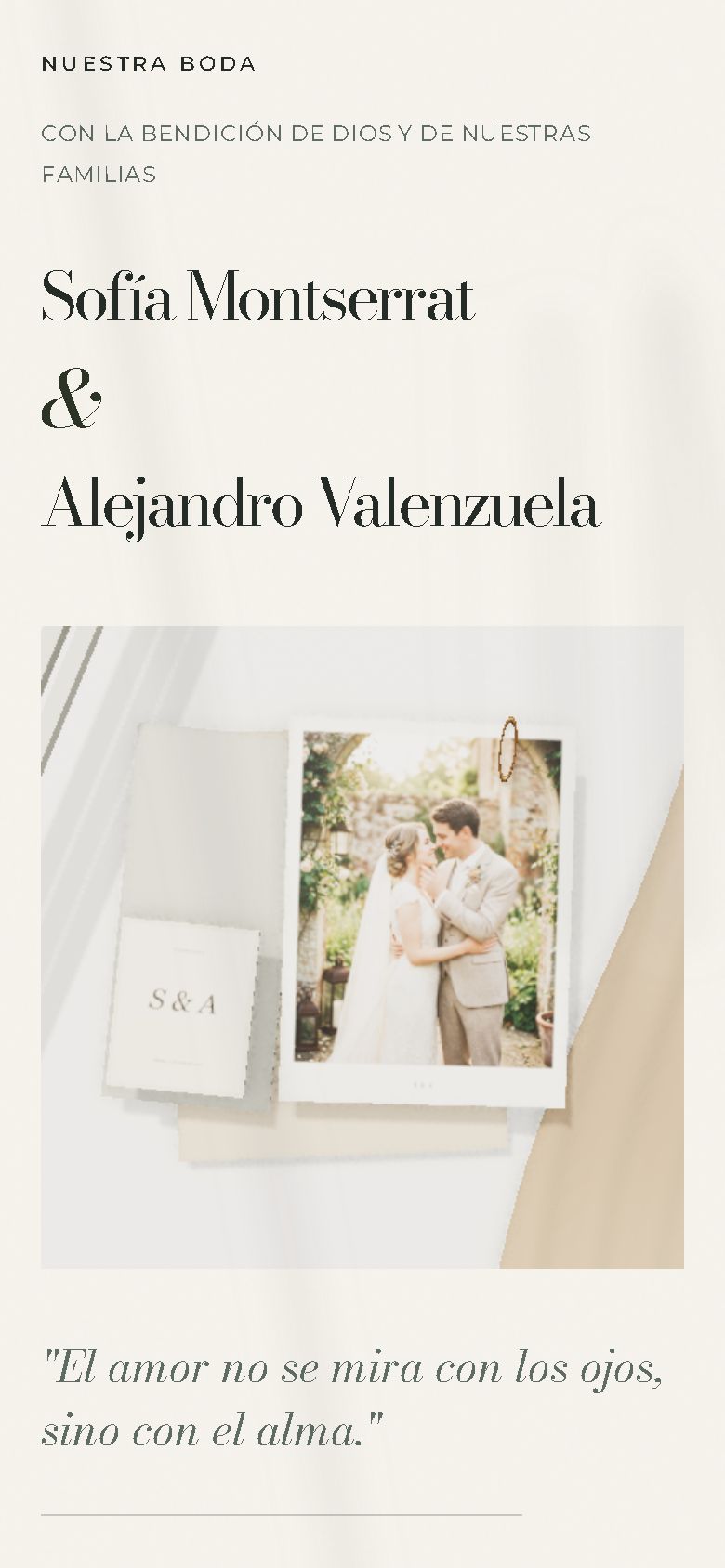 La misma invitación con la colección Editorial: nombres en tipografía de revista y la foto en primera plana.