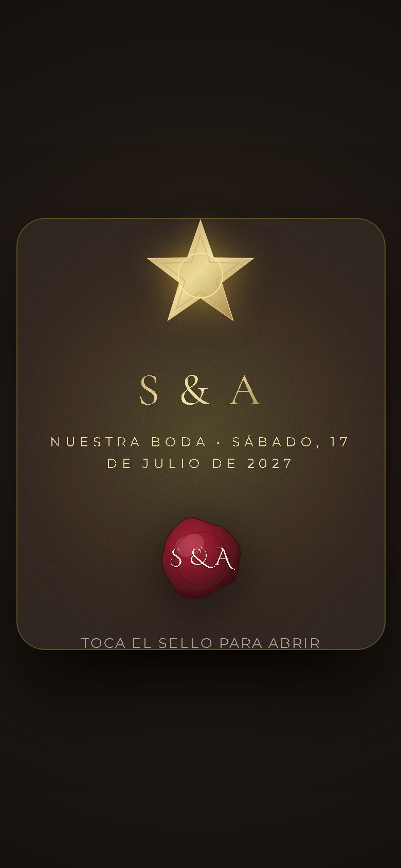 Invitación de ejemplo cerrada: un sobre con las iniciales S & A, la fecha del 17 de julio de 2027 y un sello de lacre.